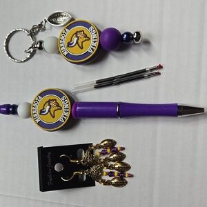 HANDMADE NFL MINNESOTA VIKINGS EARRINGS, PEN, AND KEYCHAIN
